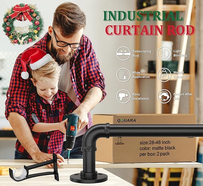 Curtain Rods for Windows 28 to 48 Inch, Black Adjustable Curtain Rod, Wrap Around Blackout Curtains Rod, Heavy Duty Industrial Curtains Rods, 1 Inch Outdoor/Indoor Drapery Pole 28-48"