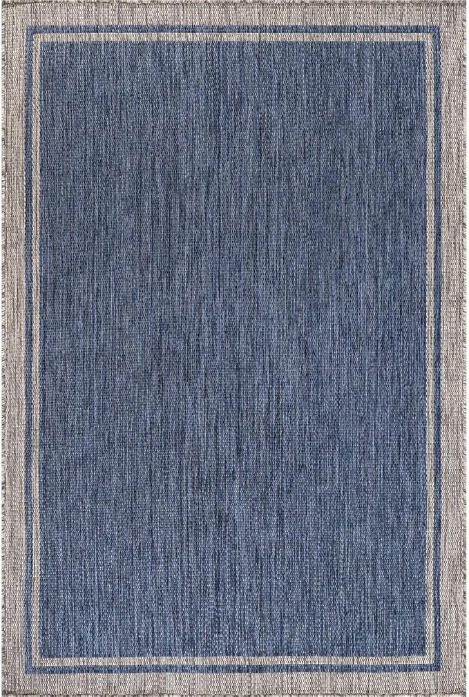 CAMILSON Outdoor Rug, 6x9 Bordered Navy Blue Gray Modern Area Rugs for Indoor and Outdoor Patios, Porches Waterproof Washable Porch Deck Outside Carpet (Bordered Navy, 6 x 9)