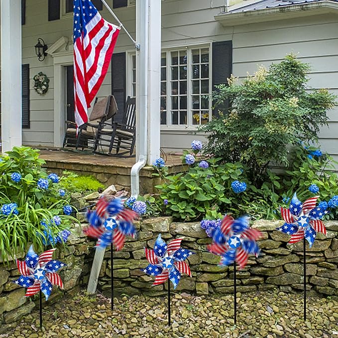 Hausse 10 Pack Reflective Pinwheels Patriotic Decorations, American Flag on Stick Wind Spinner with Stake for Independence Day, Memorial Day July of 4th Party Supplies, Scare Birds Repellent Devices