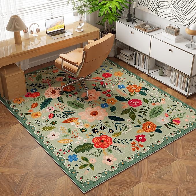 Area Rug 4x6 Rug Washable Boho Rugs Non Slip Low Pile Floral Small Carpet for Bedroom, Bedside, Kids Room, Office, Dining Room(Green)
