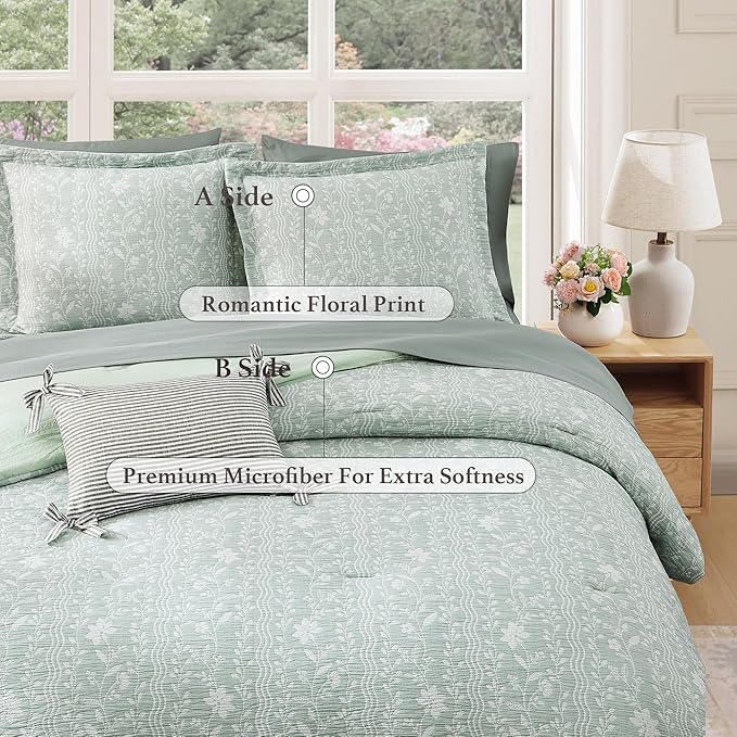 Full Comforter Set -7 Pieces Green Floral Comforter Set for All Seasons, Bed in a Bag Full with Botanical Flowers Comforter, Sheets, Pillowcases & Shams