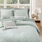 King Comforter Set -7 Pieces Green Floral Comforter Set for All Seasons, Bed in a Bag King with Botanical Flowers Comforter, Sheets, Pillowcases & Shams