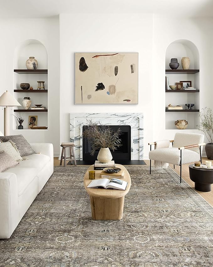 Loloi Layla Collection LAY-13 Antique/Moss 5'-0" x 7'-6" .13" Thick Area Rug, Soft, Durable, Vintage Inspired, Distressed, Low Pile, Non-Shedding, Easy Clean, Printed, Living Room Rug