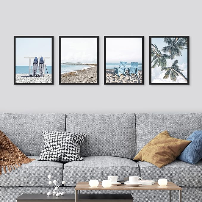 SIGNWIN Framed White Surfboard Tropical Palm Tree Beach Shore Wall Art, Set of 4 Landscape Colorful Wall Decor Prints, Nature Wilderness Wall Décor for Living Room, Bedroom - 12"x16" Black