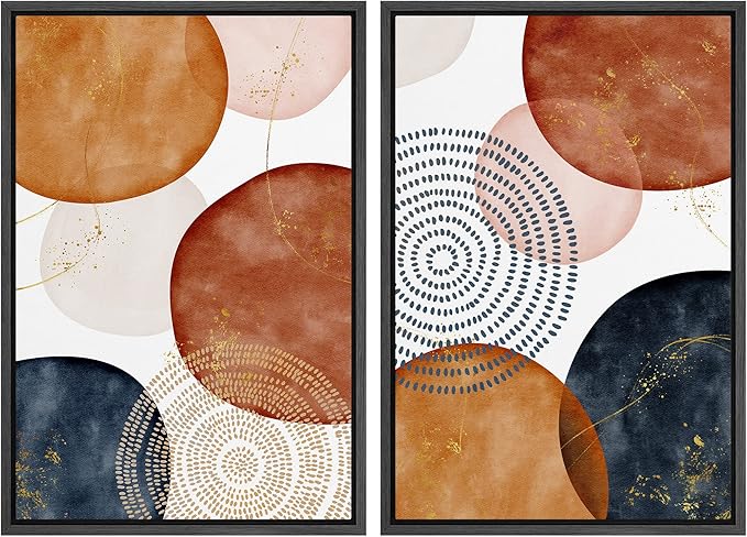 SIGNFORD Framed Wall Art Print Set Vintage Mid-Century Spiral Watercolor Dot Abstract Shapes Illustrations Modern Minimalist Multicolor for Living Room, Bedroom, Office - 16"x24"x2 Black