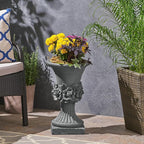 Christopher Knight Home Jorine Light Concrete Planter, Patio Planter, Mid-Centry Gadern Urn, Large Garden Pot, Floral Relif Design, Flower Urn with Drainage Hole for Backyard Home, Antique Gray