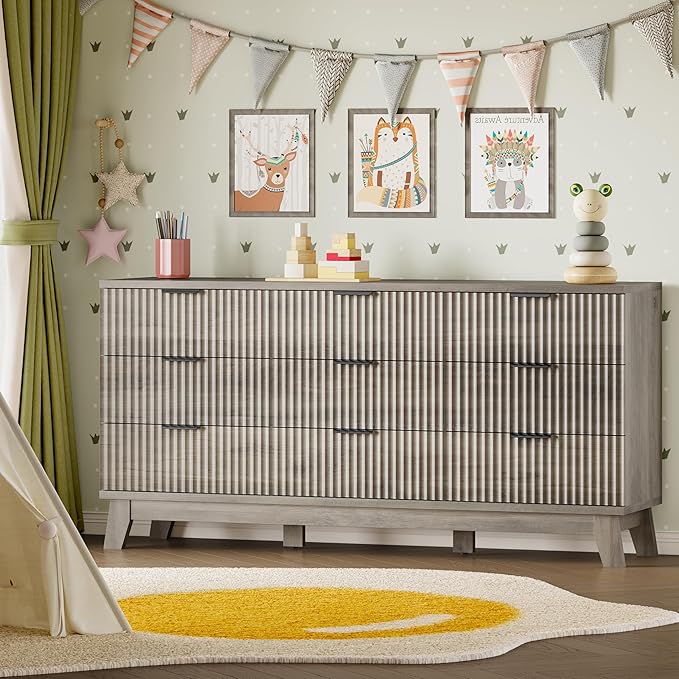 63" Long Dresser for Bedroom, 9-Drawer Fluted Dresser, Extra-Wide Wood Chest of Drawers with Smooth Metal Slides, Stable Base, Modern Clothes Storage Cabinet for Living Room, Hallway, Nursery