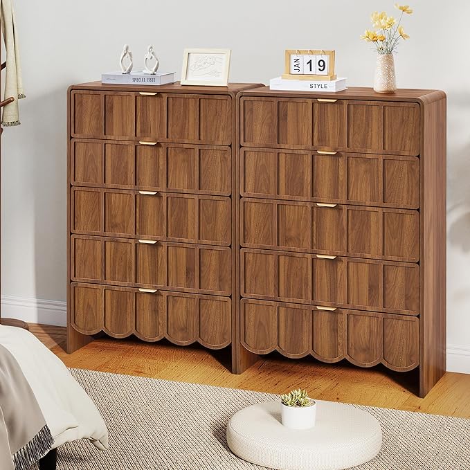 5 Drawer Dresser for Bedroom, Modern Closet Chest of Drawers with Wave Fluted Drawer, Wood Storage Small Dresser Organizer for Nursery Bedroom Living Room Hallway Closet (Walnut)