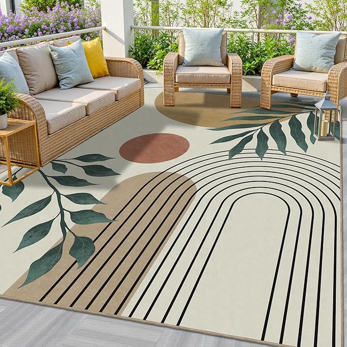 Indoor Outdoor Area Rug, Mid Century Sun Outdoor Patio Rug,Washable Abstract Art Leaves Eucalyptus Runway Rugs Non-Slip Carpet for Camping, Bedroom, Deck(8x10)