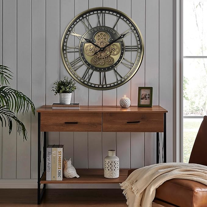 CLXEAST 21 Inch Large Moving Gears Wall Clock for Modern Farmhouse Living Room Decor, Brass Gold Roman Numerals Wall Clock Battery Operated,Reloj De Pared para Sala