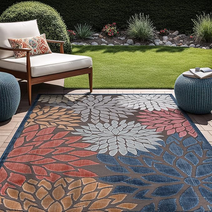 Beverly Rug Outdoor Rug 9x12 Large Modern Floral Tropical Area Rugs for Indoor and Outdoor Patio Easy to Clean Non Shedding Living Room Porch Garden Washable Outside Carpet (9 x 12 Brown)