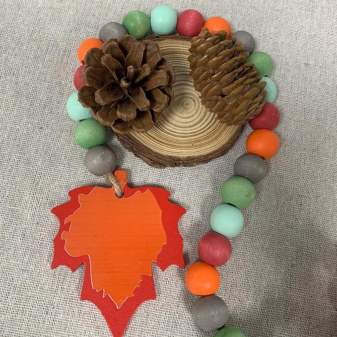 40" Handmade Farmhouse Bead Garland Wood with Tassel, Boho Chic Decorative String Beads Home Decor, Table Tiered Tray Country Wooden Accents (Autumn Joy: Grateful, Thankful, Blessed, 0.63" Diameter)