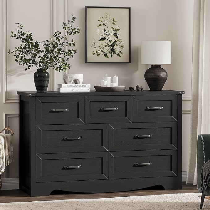 Dresser for Bedroom with 7 Drawers, 48" Wide Modern Chest of Drawers with Deep Drawers & Mental Handle, Wood Dresser TV Stand, Wooden Closet Storage Organizer for Living Room, Hallway, Entryway, Black