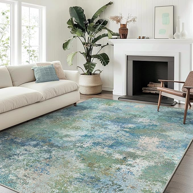 Area Rugs 6x9 Machine Washable Area Rug for Bedroom Living Room Dining Room, Large Modern Abstract Soft Rugs, Indoor Low Pile Carpet with Non Slip Rubber Backing, Abstract Blue Green