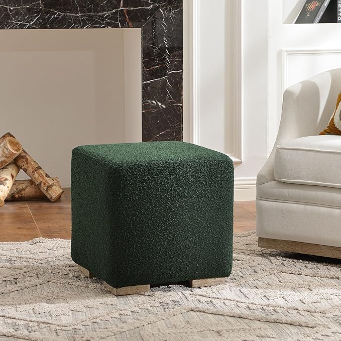 KINWELL 18.5" Wide Modern Square Boucle Upholstered Ottoman with Solid Wood Legs, Cube Ottoman Multi-Functional Sofa Footrest, Extra Seating for Living Room, Bedroom, Fully Assembled (Green)