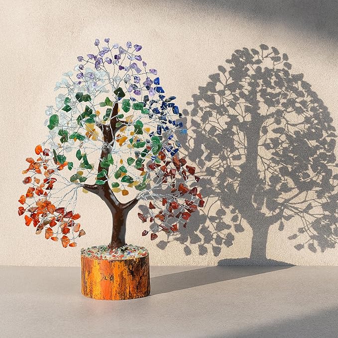 Crocon Seven Chakra Gemstone Tree Feng Shui Figurine Money Bonsai Good Luck Reiki Healing Crystals Balancing Decoration Ornament Sculpture Wealth Prosperity Table Room Decor Gift Size 10-12"