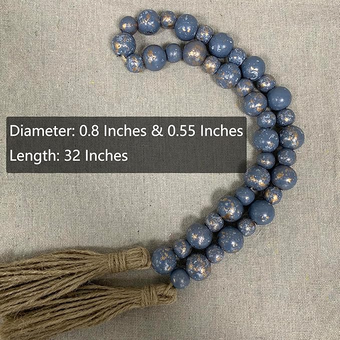 Handcrafted Farmhouse Wooden Decorative Beads Garland, Table Tray Boho Wood Beads with Tassel, Small Rustic Antique Decor for Home and Events (Ocean Mist Gold)
