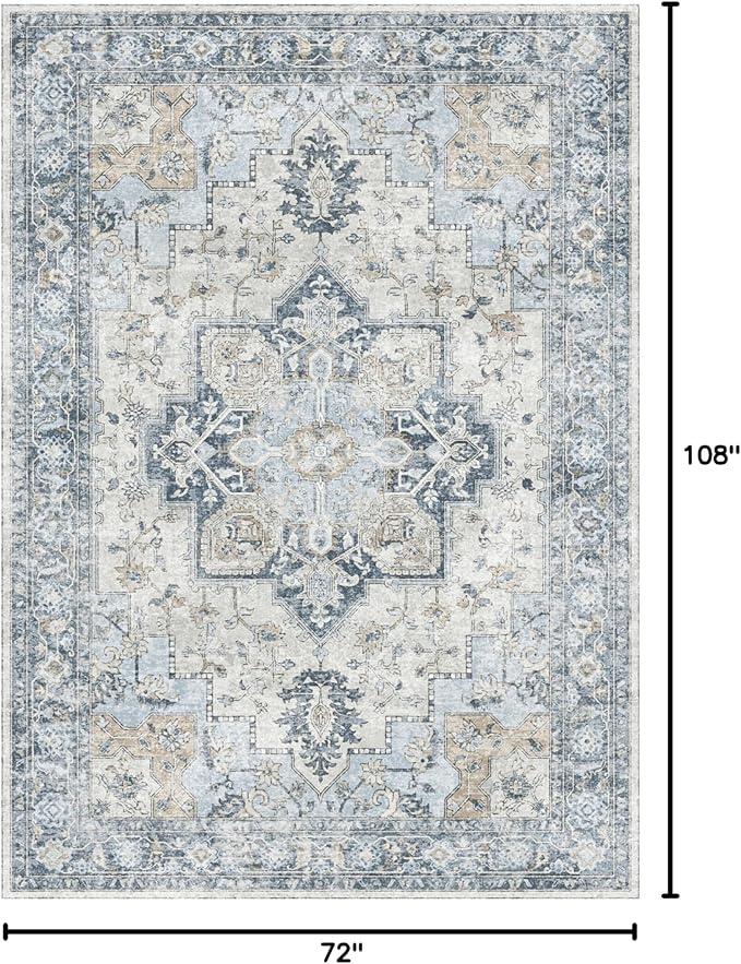 GENIMO 6x9 Area Rugs for Living Room, Non Slip Machine Washable Rugs, Low Pile Chenille Print Rug for Bedroom, Dining Room, Home Office, Blue