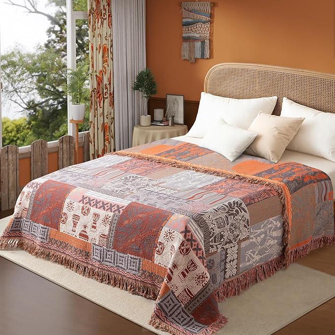 Boho Throw Blanket Twin Size, Soft Cozy Cotton Muslin Quilt Blanket for Bed Decor, Patchwork Block Couch Sofa Chair Cover, Vintage Farmhouse Cottage Tapestry Woven Blanket, Red&Orange