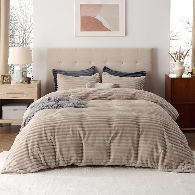 Bedsure Fluffy Duvet Cover Set - Ultra Soft Plush Shaggy Comforter Cover Queen Size, Warm Flannel Fleece Bed Sets for Winter, 3 Pieces (Striped Pattern, Khaki)
