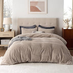 Bedsure Fluffy Duvet Cover Set - Ultra Soft Plush Shaggy Comforter Cover King Size, Warm Flannel Fleece Bed Sets for Winter, 3 Pieces (Striped Pattern, Khaki)