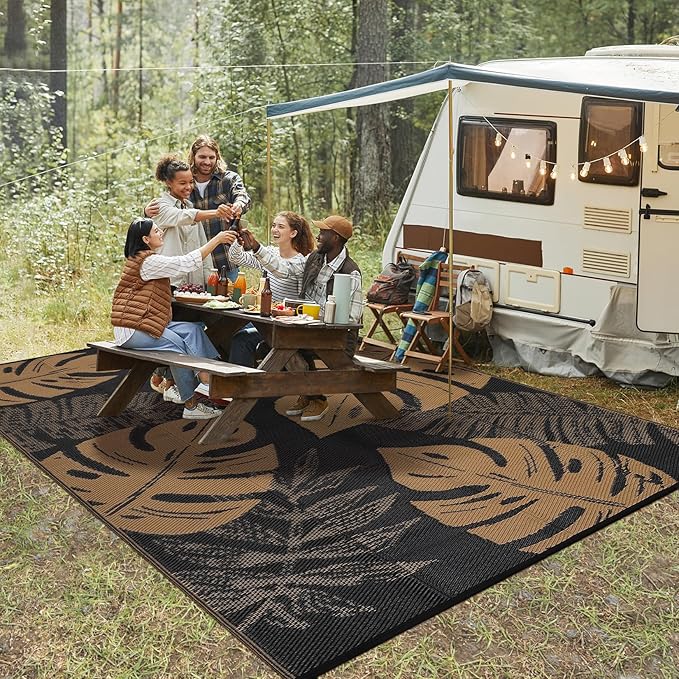 GAOMON Outdoor Patio Rug 9x18 Waterproof Outdoor Plastic Straw Rug Reversible Camping Mat, Foldable Portable RV Picnic Carpet with Bag & 4 Stakes, UV Resistant Outside Carpet for Deck Balcony, Brown
