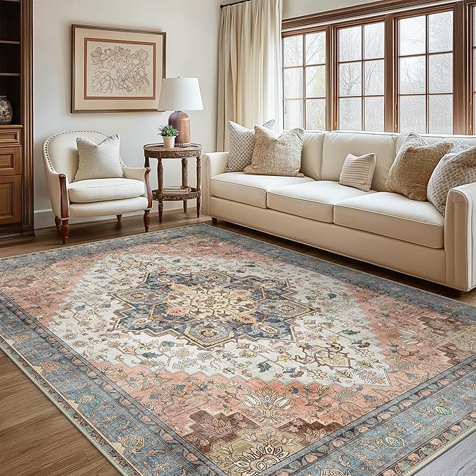 GENIMO 9x12 Area Rugs for Living Room, Non Slip Machine Washable Vintage Rugs, Low Pile Lightweight Chenille Print Large Rug for Bedroom, Dining Room, Home Office, Blue Brick Red