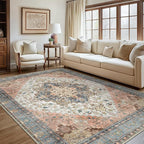 GENIMO 9x12 Area Rugs for Living Room, Non Slip Machine Washable Vintage Rugs, Low Pile Lightweight Chenille Print Large Rug for Bedroom, Dining Room, Home Office, Blue Brick Red