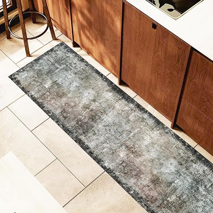 2'6'' x 8' Washable Area Rug - Low Pile Soft Vintage Indoor Rug for Living, Dining or Bedroom - Lightweight Carpet with Non-Slip Backing - Foldable for Easy Placement, Blackish