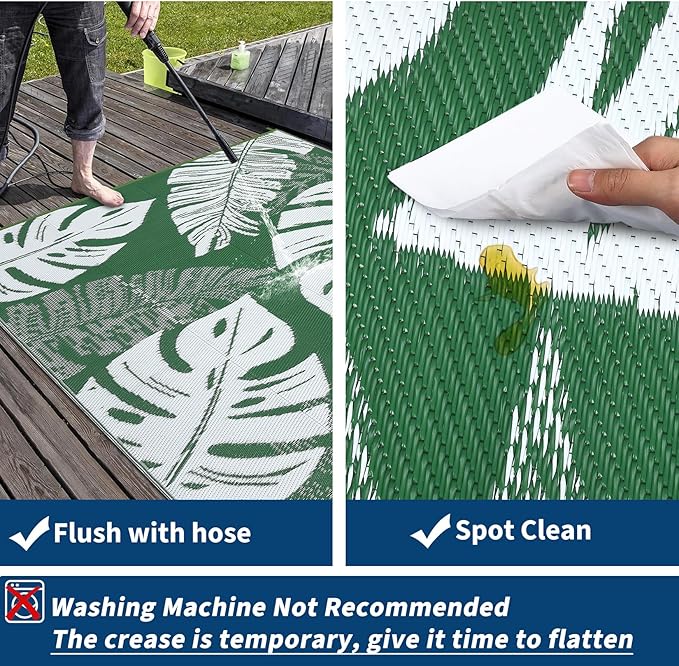 GAOMON Waterproof Plastic Straw Rug 9x12 Outdoor Patio Rug, Reversible Modern Camping Mat with Bag & Stakes, UV Resistant & Easy to Clean Outdoor Carpet for RV, Deck, Balcony, Green