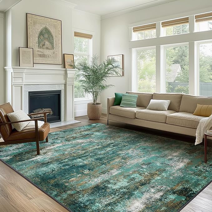 Machine Washable Rug 9x12 Area Rugs for Living Room Bedroom, Large Turquoise Abstract Area Rug Soft Throw Rugs, Low-Pile Floor Carpet with Non Slip Rubber Backing