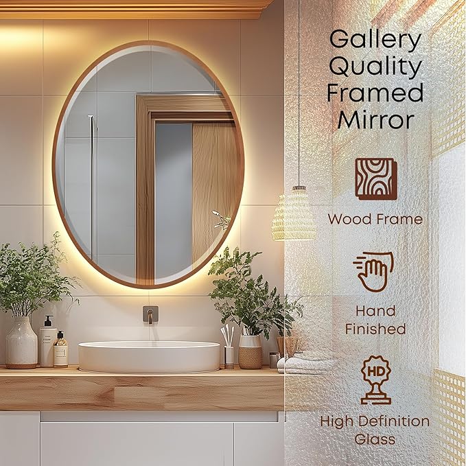 OVALCREST - Oval Wooden Beveled Wall Mirror for Home Decor, Bathroom, Vanity, Bedroom, Living Room, Hallway - London Style (Gold Spray) 25.1 x 31.1