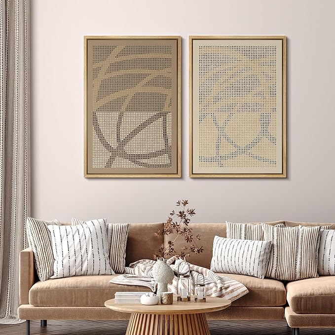 SIGNFORD Framed Canvas Print Wall Art Set Geometric Dot Patterns Earthy Beige and Brown Contrast Illustration Modern Art Decorative Nordic Nature for Living Room, Bedroom, Office - 24"x36"x2 Natural