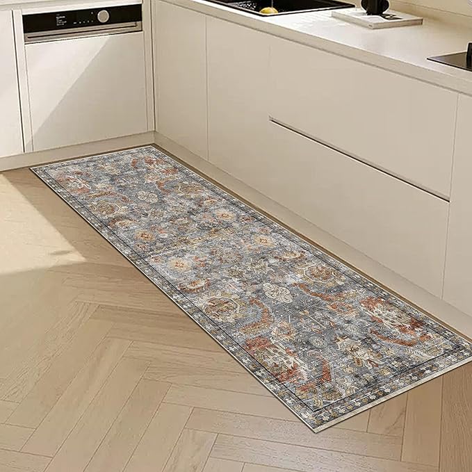 RUGSURE Washable Area Rugs - Perfect for Living Room, Bedroom, Kids Room, Nursery - Stain & Water Resistant Non-Slip, Pet & Child Friendly, Vintage Tribal Area Rugs (Turmeric and Grey, 2'6'' x 8')