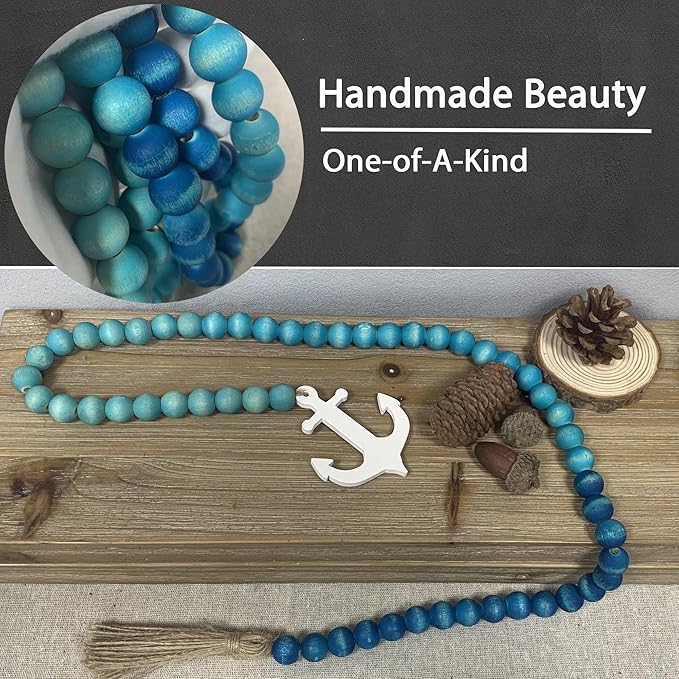 40" Handmade Farmhouse Bead Garland Wood with Tassel, Boho Chic Decorative String Beads Home Decor, Table Tiered Tray Country Wooden Accents