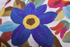 Cream Floral Pillow Cover Blue Flower Pillowcase Boho Cushion Florals Accent Throw Pillowsham Wool Hand Embroidered Size 18x18