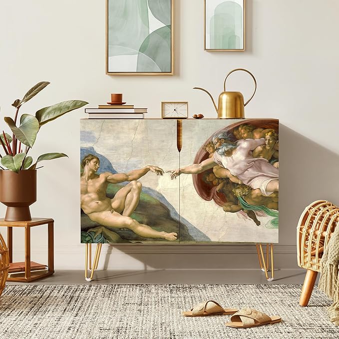 SIGNWIN Sideboard Buffet Cabinet, Kitchen Storage Cabinet with 2 Doors, The Creation of Adam by Michelangelo Vintage, Cupboard Console Table for Dining Room - 35" L x 18" W x 29" H