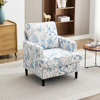 Mid-Century Accent Chair,Modern Linen Fabric Armchair for Living Room,Comfy Upholstered Reading Accent Chairs for Bedroom,Single Sofa Chair with Wood Legs (Blue Flowered Bird, 1 Pack)