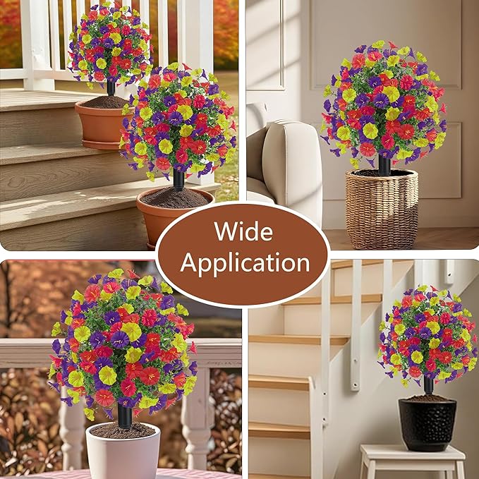 22.8" Set of 2 Fall artificial Boxwood topiary Ball tree for outdoors with Spike,UV Resistant Faux Shrubs Outdoor with morning glory flowers,Faux Plants Bushes for Garden Porch Yard Patio Decor Mix