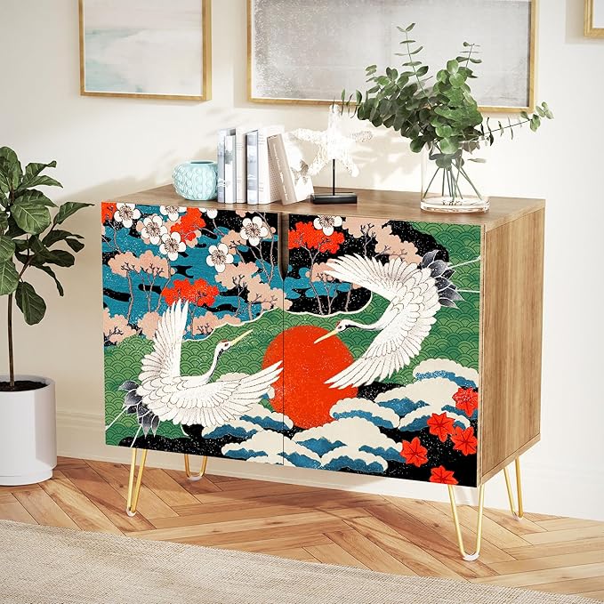 SIGNWIN Sideboard Buffet Cabinet, Kitchen Storage Cabinet with 2 Doors, Chinese Exotic Crane Bird, Cupboard Console Table for Dining Room - 35" L x 18" W x 29" H