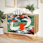 SIGNWIN Sideboard Buffet Cabinet, Kitchen Storage Cabinet with 2 Doors, Chinese Exotic Crane Bird, Cupboard Console Table for Dining Room - 35" L x 18" W x 29" H