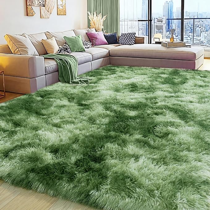 Large 8x10 Area Rugs for Living Room, Tie-Dyed Green Soft Shag Rug for Bedroom, Non-Slip Ultra Fluffy Rug, Modern Plush Carpet for Girls Boys Kids Room Dorm, Fuzzy Rug for Home Decor Aesthetic