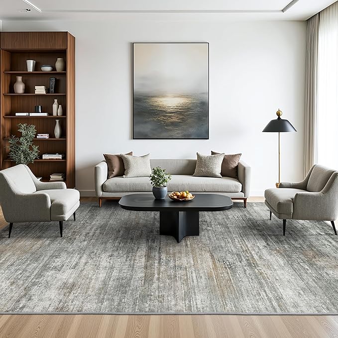 Area Rugs 9x12 for Living Room Bedroom, Modern Abstract Machine Washable Rug, Large Soft Low Pile Floor Cover with Non Slip Backing for Dining Room, Ash Gray Brown