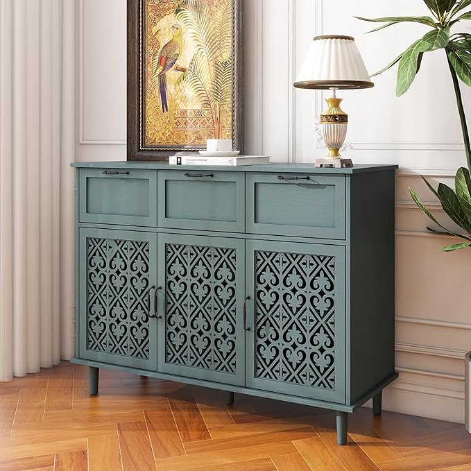 Sideboard Buffet Cabinet with Storage - Accent Storage Cabinet with Carved Pattern, Modern 3 Door 3 Drawer Cabinet, Farmhouse Wood Credenza for Living Room, Dining Room (Green)