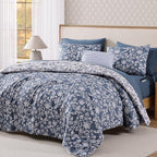 King Comforter Set -7 Pieces Floral Oxford Blue Comforter Set for All Seasons, Bed in a Bag King with Botanical Flowers Comforter, Sheets, Pillowcases & Shams