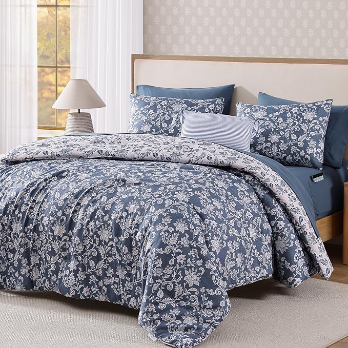 Full Comforter Set -7 Pieces Floral Oxford Blue Comforter Set for All Seasons, Bed in a Bag Full with Botanical Flowers Comforter, Sheets, Pillowcases & Shams