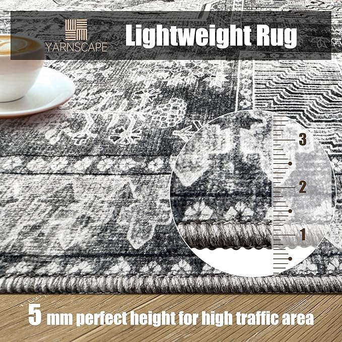 Vintage 5' x 7' Washable Area Rug - Stylish Indoor Rug for Living, Dining or Bedroom - Lightweight Carpet with Non-Slip Backing - Foldable for Easy Placement and Maintenance - Grey