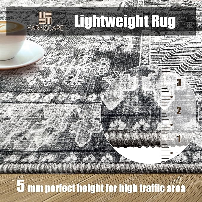 Vintage 3' x 5 ' Washable Area Rug - Stylish Indoor Rug for Living, Dining or Bedroom - Lightweight Carpet with Non-Slip Backing - Foldable for Easy Placement and Maintenance - Grey