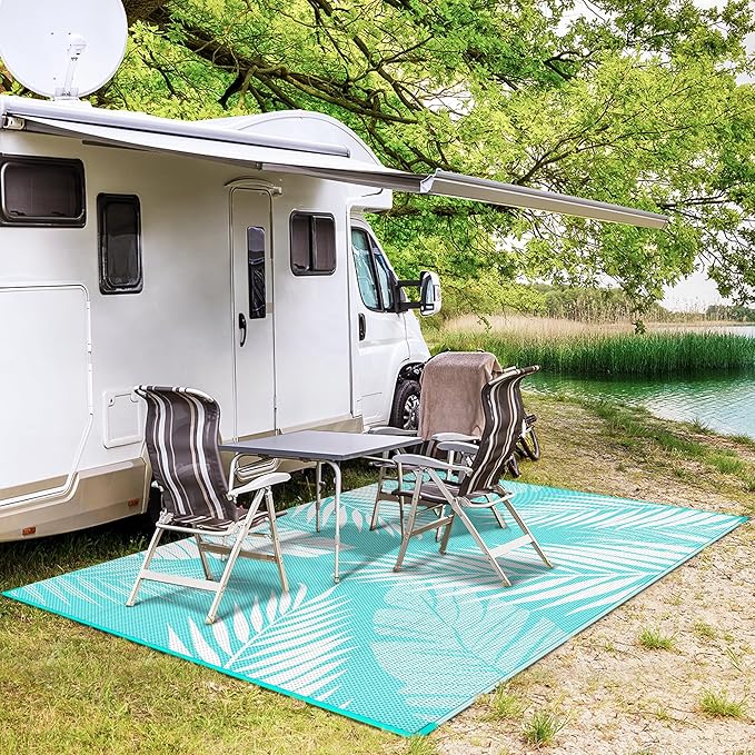 GENIMO Outdoor Rug 8' x 10' Waterproof for Patios Clearance, Reversible Outdoor Plastic Straw Camping Rug Carpet, Large Area Rugs Mats for RV, Camper, Deck, Balcony, Porch, Beach, Aqua Blue&White