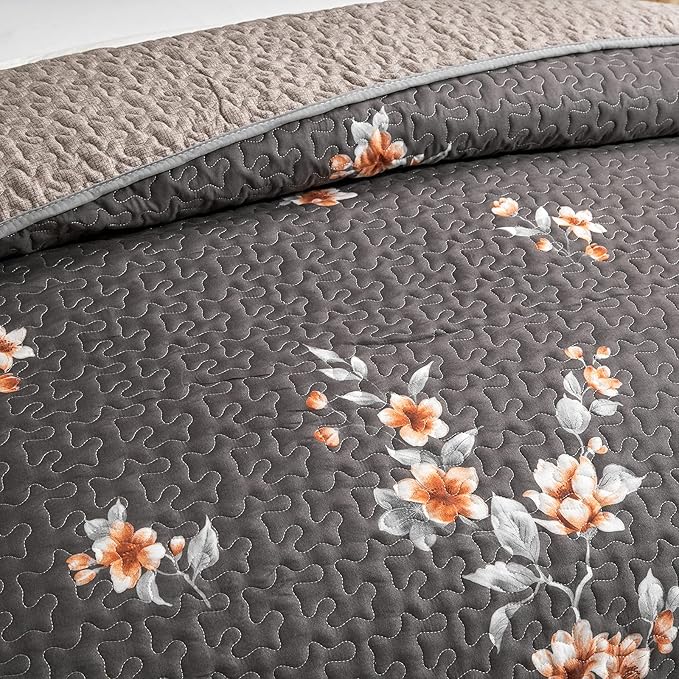 3 Pieces Quilt Set Full/Queen Size, Dark Gray Floral Reversible Bedspread Coverlet Set, Soft Microfiber Lightweight Bed Cover for All Season (90" x 90", 1 Quilt+ 2 Pillow Shams)